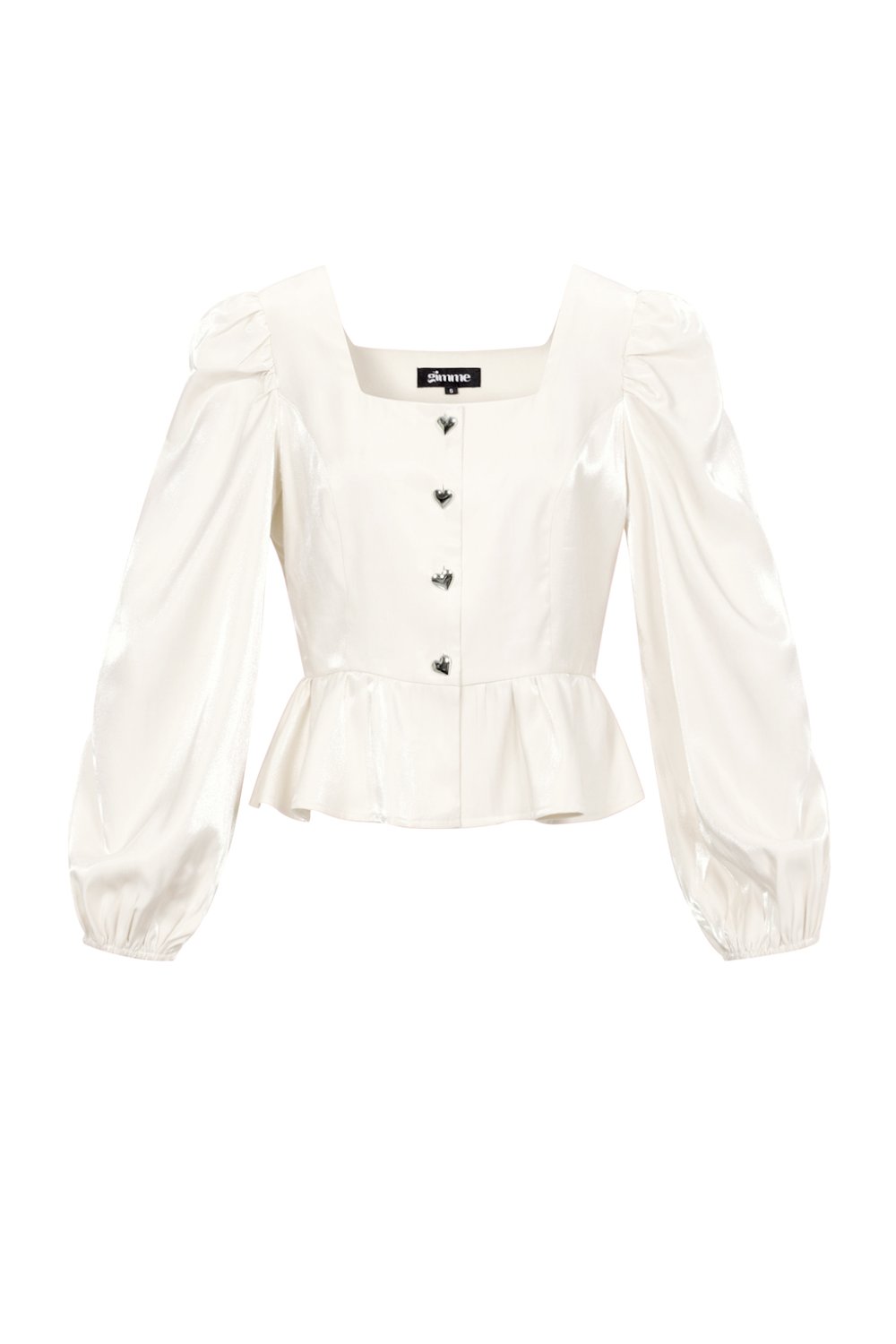 Off-white fluwelen peplum top met pofmouwen en hartvormige knopen, onderdeel van een luxe velvet set