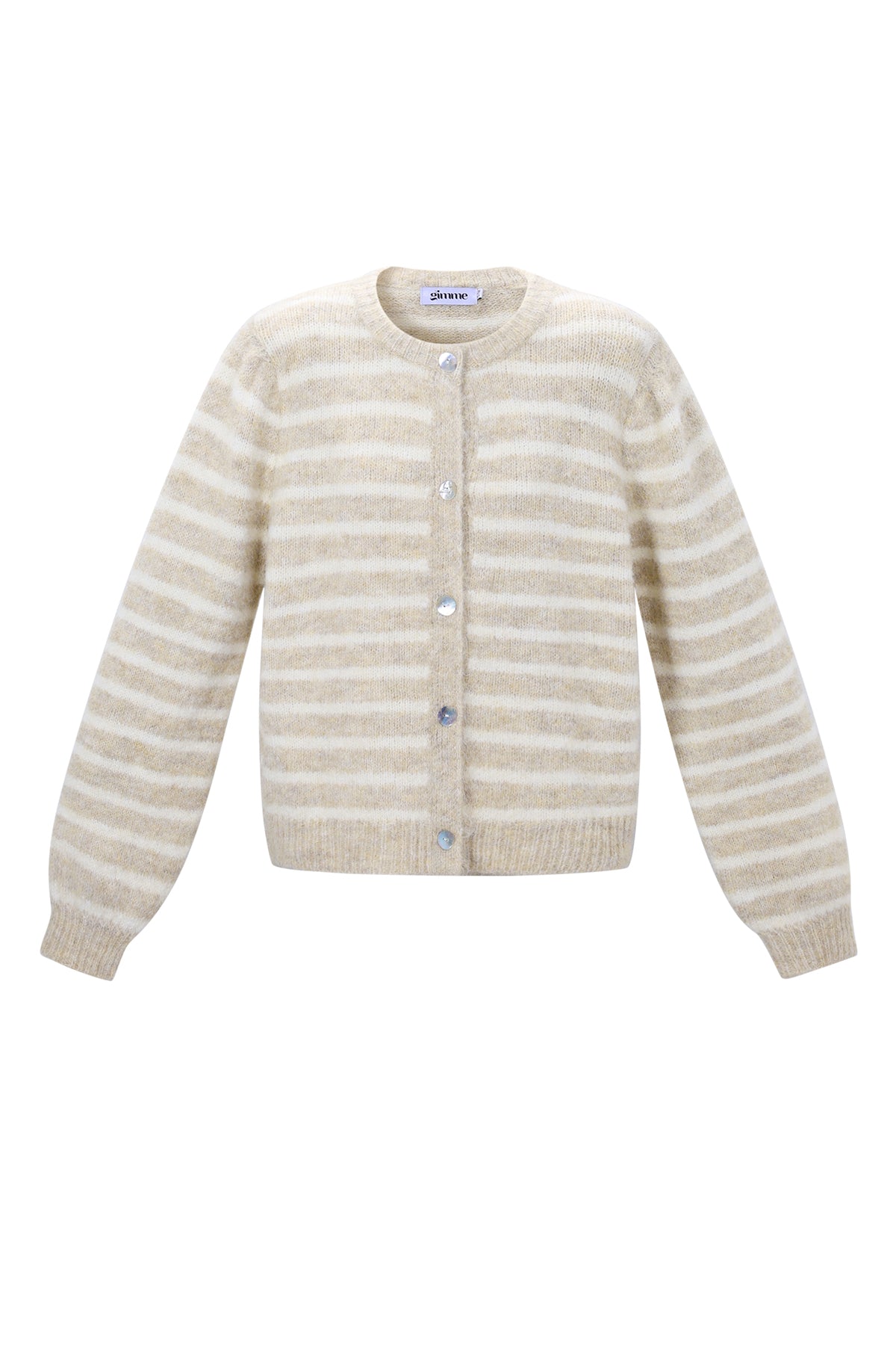 Liv Cardigan beige wit gestreept gebreid vest met knoopjes
