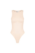Beige mouwloze body met ronde hals en drukknoopsluiting, de ideale basic voor elke outfit.