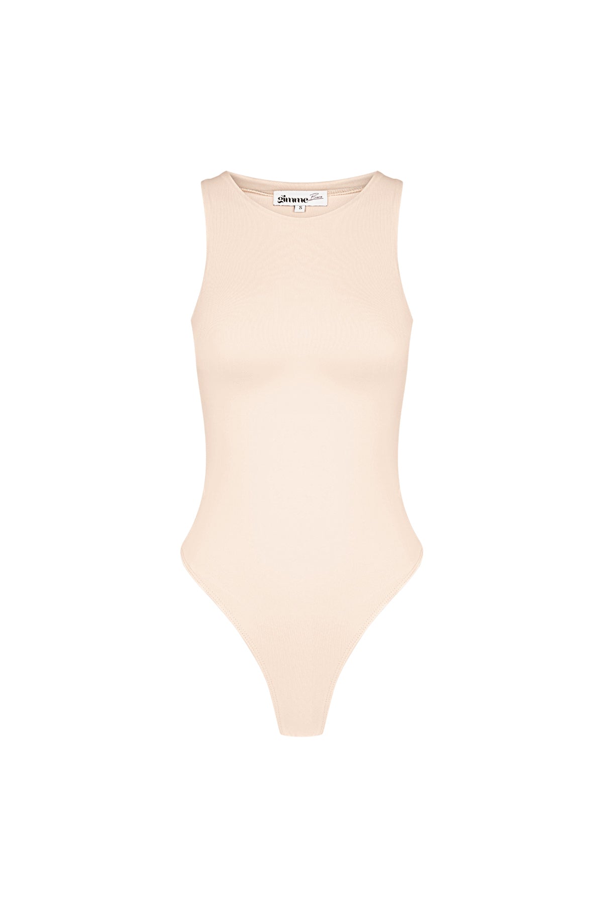 Beige mouwloze body met ronde hals en drukknoopsluiting, de ideale basic voor elke outfit.