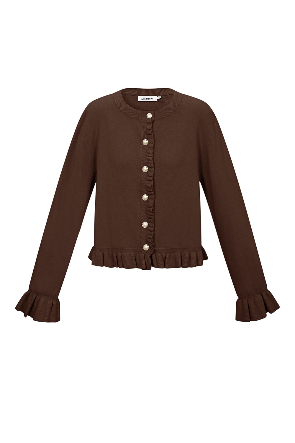 Bruine Maya Cardigan met ruches en goudkleurige knopen, onderdeel van een luxe loungewear set.