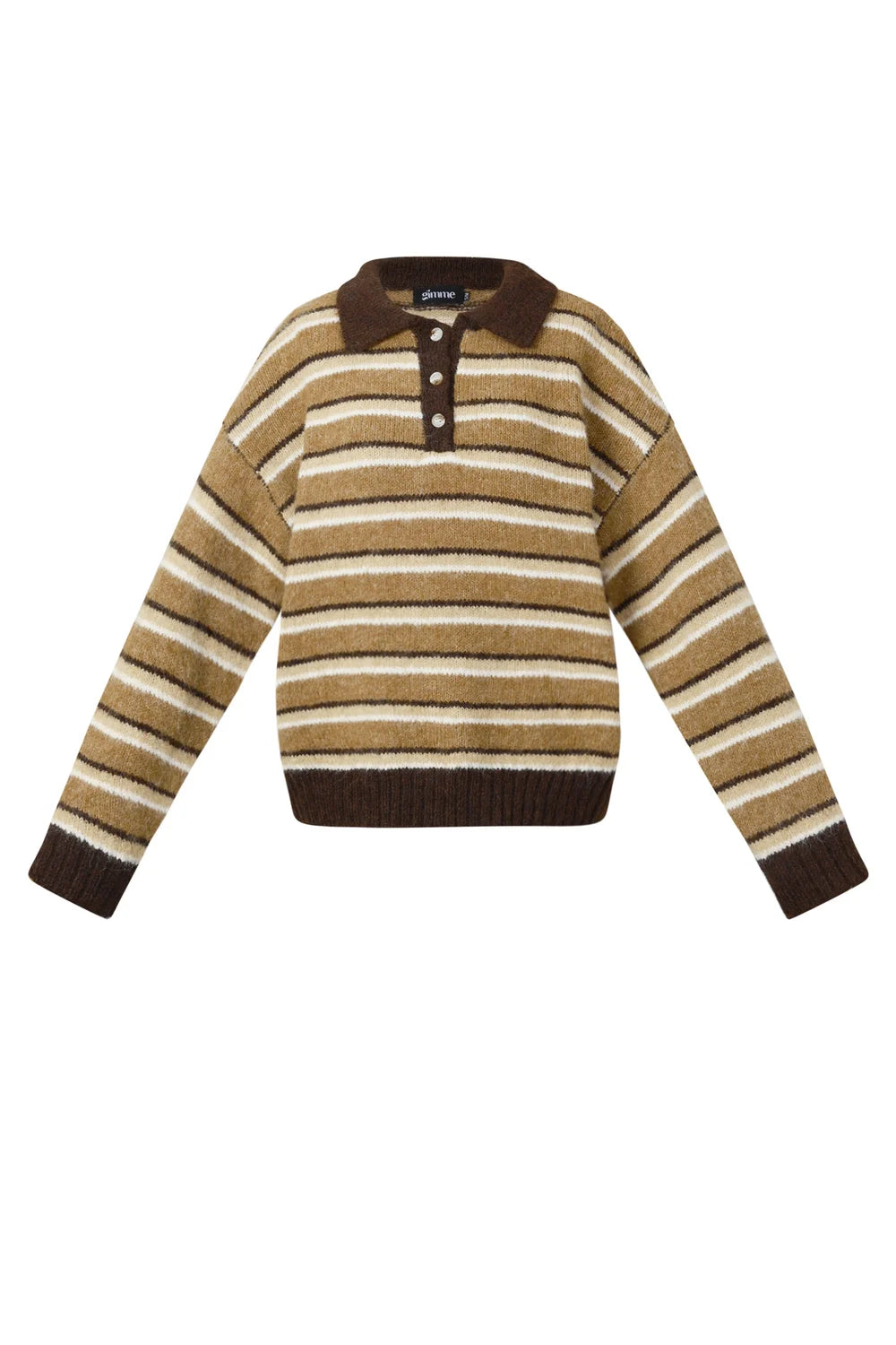 Romee Polo Trui bruin beige gestreepte trui met polokraag en knoopjes