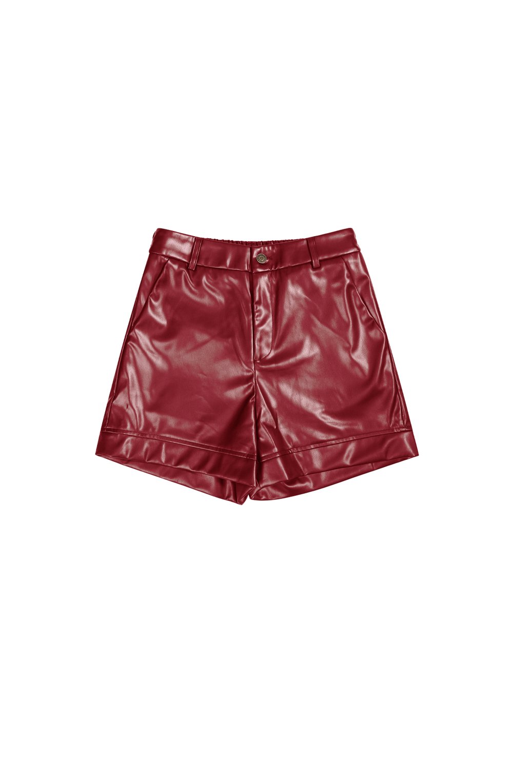 Bordeauxrode high-waist leatherlook short model Ruby met knoopsluiting en steekzakken