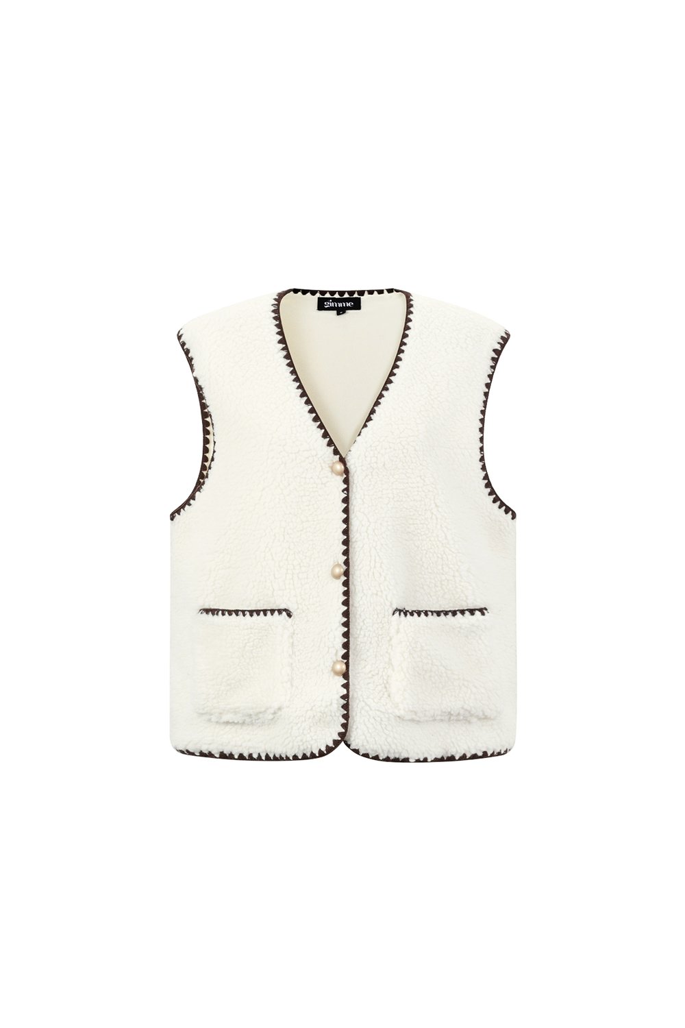 Zoë Teddy Gilet in wit met bruine festonsteek en knopen voorkant - Label Noré